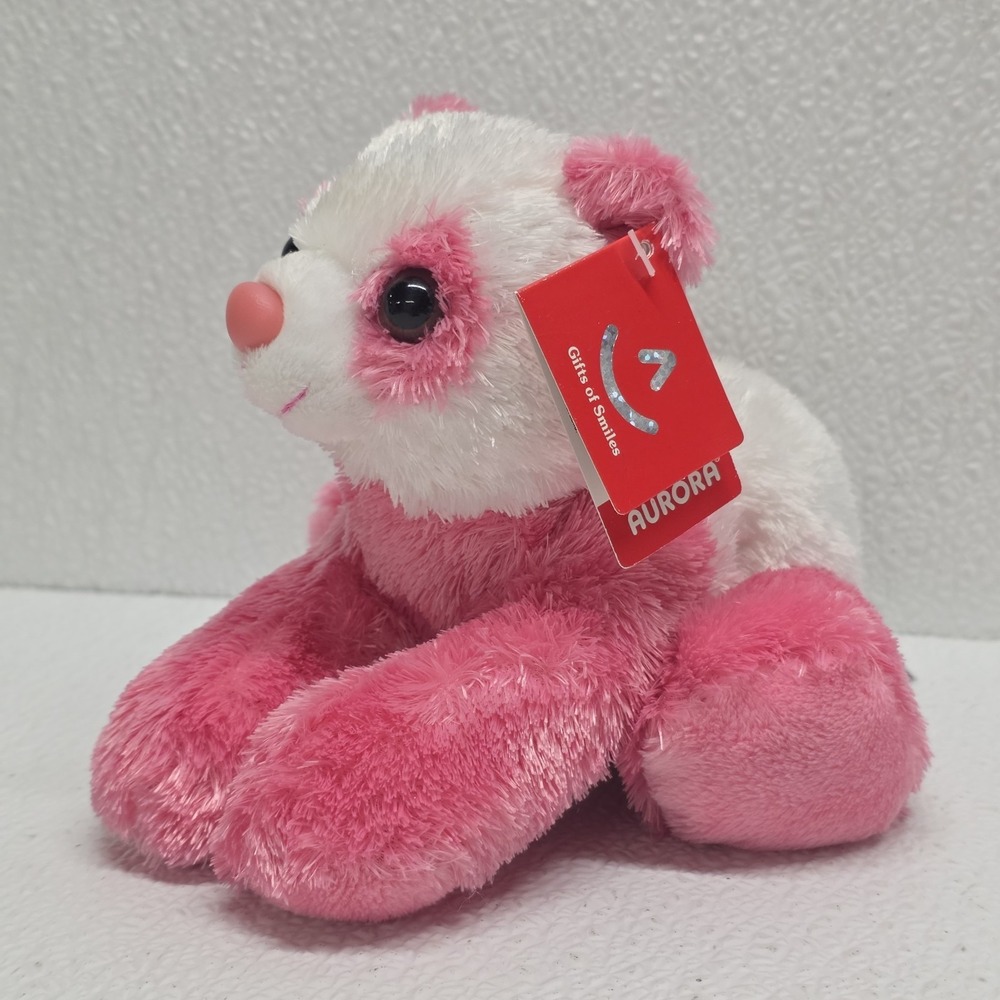 Aurora Pink White Panda Bear Floppy Stuffed Animal 7" Beanbag Plush Toy NWT